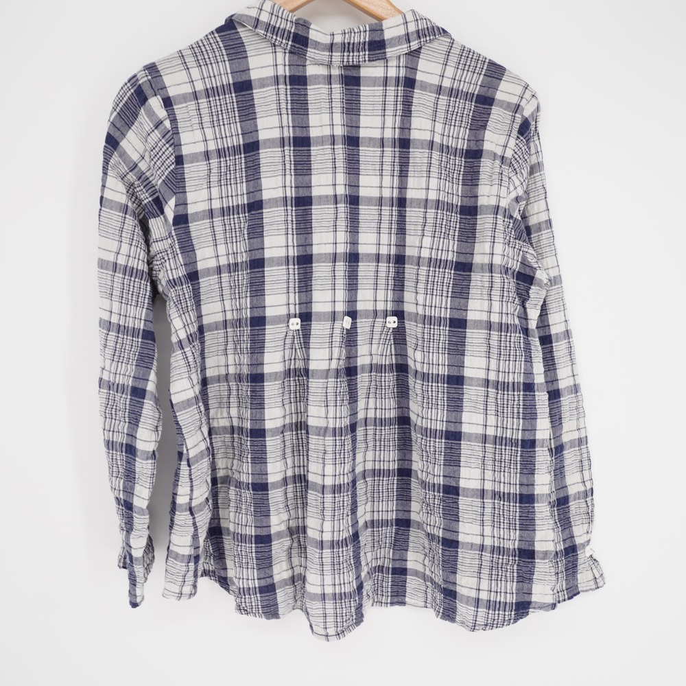 Habitat Plaid Button Up Shirt Women S Blue Crinkle Relaxed Pocket Cotton Stretch - Picture 3 of 13
